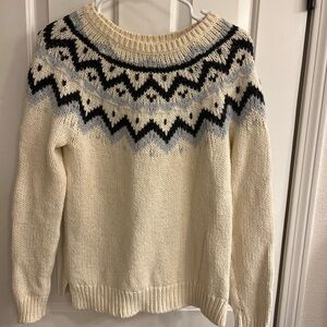 LOFT Fair Isle Cream Sweater with Black and Blue Pattern Size Small